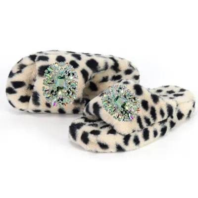 Yomisma Women's Black / Neutrals Eco Cheetah Slide Slippers – Iridescent Rhinestone Brooches