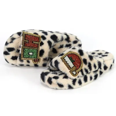 Yomisma Women's Black / Neutrals Eco Faux Fur Cheetah Holiday Slippers – Ho³ & Santa Hat Hand Beaded Brooche In Animal Print