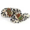 Yomisma Women's Black / Neutrals Eco Faux Fur Cheetah Holiday Slippers Jolly + Af Hand Beaded Brooches In Black