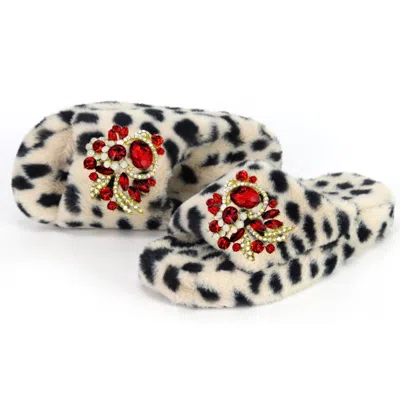 Yomisma Women's Black / Neutrals / Red Eco Cheetah Slide Slippers – Holiday Rhinestone Brooches In Animal Print