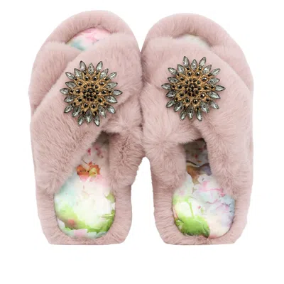 Yomisma Women's Eco Faux Fur Slippers – Recycled Faux Fur + Tourmaline Grey Removable Brooch Embellishment + In Pink