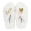 Yomisma Women's Faux Fur Slippers - Global Recycled Standard Certified - Blessed + White Angel Wing Embellis In White