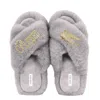 Yomisma Women's Faux Fur Slippers - Global Recycled Standard Certified "blessed + Angel Wing" Embellishment In Grey
