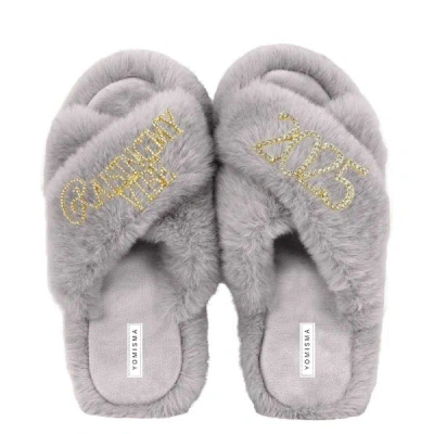 Yomisma Women's Faux Fur Slippers - Global Recycled Standard Certified "raising My Vibe + 2025" Embellishmen In Grey