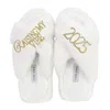 Yomisma Women's Faux Fur Slippers - Global Recycled Standard Certified "raising My Vibe + 2025" Embellishmen In White