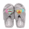 Yomisma Women's Faux Fur Slippers - Global Recycled Standard Certified Valentine's Day - Be Mine + Xo Embell In Grey