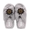 Yomisma Women's Faux Fur Slippers - Global Recycled Standard Certified With Black Embellishments - Grey In Grey