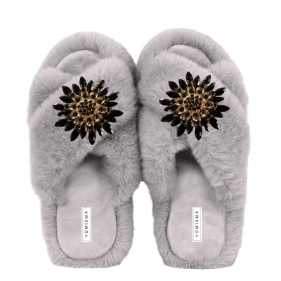 Yomisma Women's Faux Fur Slippers - Global Recycled Standard Certified With Black Embellishments - Grey