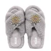 Yomisma Women's Faux Fur Slippers - Global Recycled Standard Certified With Clear Jewel Embellishments - Gre In Grey