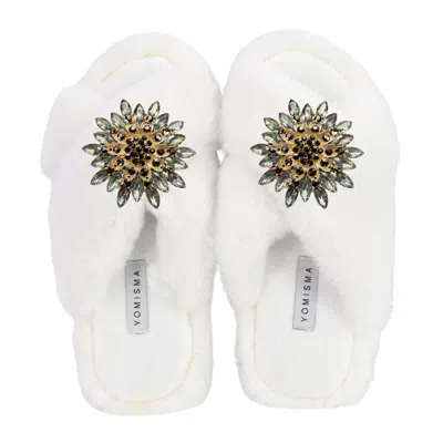 Yomisma Women's Faux Fur Slippers - Global Recycled Standard Certified With Grey Tourmaline Jewel Embellishm In White