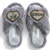 Yomisma Women's Faux Fur Slippers - Global Recycled Standard Certified With I Do Crew Wedding Embellishments In Gray