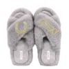 Yomisma Women's Faux Fur Slippers - Global Recycled Standard Certified With Lucky + Horse Shoe Embellishment In Grey