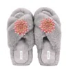 Yomisma Women's Faux Fur Slippers - Global Recycled Standard Certified With Pink Jewel Embellishments - Grey In Grey