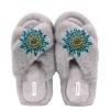 Yomisma Women's Faux Fur Slippers - Global Recycled Standard Certified With Turquoise Jewel Embellishments - In Grey