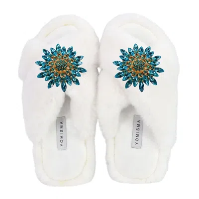 Yomisma Women's Faux Fur Slippers - Global Recycled Standard Certified With Turquoise Jewel Embellishments - In White
