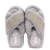 Yomisma Women's Faux Fur Slippers - Global Recycled Standard Certified "worthy + Beautiful" Embellishment - In Grey
