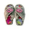 Yomisma Women's Grey Eco Faux Fur Slippers – Tropical Insole + Beaded Lips Brooch In Multi