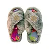 Yomisma Women's Grey Eco Faux Fur Slippers – Tropical Insole + Clear Brooch In Multi