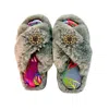 Yomisma Women's Grey Eco Faux Fur Slippers – Tropical Insole + Grey Tourmaline Brooch In Gray