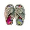 Yomisma Women's Grey Eco Faux Fur Slippers – Tropical Insole + Iridescent Brooch In Multi