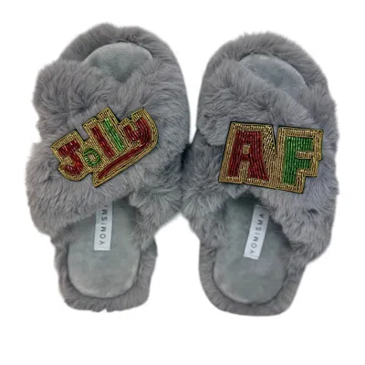 Yomisma Women's Grey / Green / Red Holiday Slippers – Jolly + Af Hand Beaded Brooches - Grey In Multi