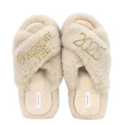 Yomisma Women's Neutrals Faux Fur Slippers - Global Recycled Standard Certified "raising My Vibe + 2025" Emb In Beige