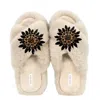 Yomisma Women's Neutrals Faux Fur Slippers - Global Recycled Standard Certified With Black Embellishments - In Beige/black