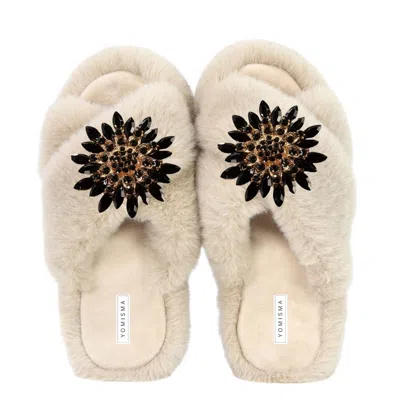 Yomisma Women's Neutrals Faux Fur Slippers - Global Recycled Standard Certified With Black Embellishments - In Beige/black