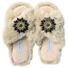 Yomisma Women's Neutrals Faux Fur Slippers - Global Recycled Standard Certified With Black Jewel Embellishme In Beige/black