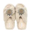 Yomisma Women's Neutrals Faux Fur Slippers - Global Recycled Standard Certified With Clear Jewel Embellishme In Beige