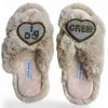 Yomisma Women's Neutrals Faux Fur Slippers - Global Recycled Standard Certified With I Do Crew Wedding Embel In Sand