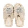 Yomisma Women's Neutrals Faux Fur Slippers - Global Recycled Standard Certified With Iridescent Jewel Embell In Beige