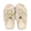 Yomisma Women's Neutrals Faux Fur Slippers - Global Recycled Standard Certified With Lucky + Horse Shoe Embe In Beige