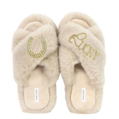 Yomisma Women's Neutrals Faux Fur Slippers - Global Recycled Standard Certified With Lucky + Horse Shoe Embe In Beige