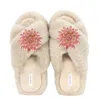 Yomisma Women's Neutrals Faux Fur Slippers - Global Recycled Standard Certified With Pink Jewel Embellishmen In Beige/pink
