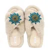 Yomisma Women's Neutrals Faux Fur Slippers - Global Recycled Standard Certified With Turquoise Jewel Embelli In Beige/blue