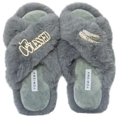 Yomisma Women's Neutrals / Grey Eco Faux Fur Slippers With Blessed & Angel Wing Brooches - Grey In Gray