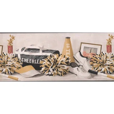 York Wallcoverings Cheerleader Pom Pom Bag Shoes Cup Baton Sports Retro Design 15' L X 10.25'' W Wallpaper Border In Merigold,black