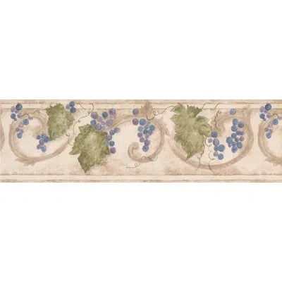 York Wallcoverings Retro Design 15' L X 7'' W Berries Leaves On Damask Scroll Vintage Wallpaper Border In Blue,purple,beige