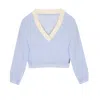 Yorstruly Women's Blue Vale Sweatshirt - V Neck Cropped Sweatshirt In Poplin