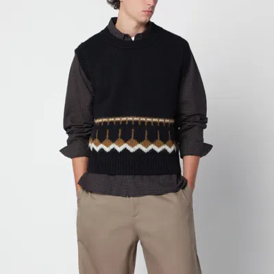 You Must Create Navy Blue Wool Vest With Geometric Jacquard Pattern In Multi