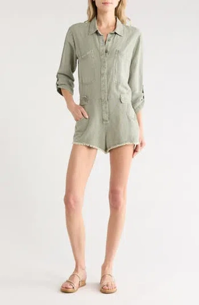 Young Fabulous & Broke Young, Fabulous & Broke River Long Sleeve Raw Edge Linen Blend Romper In Green