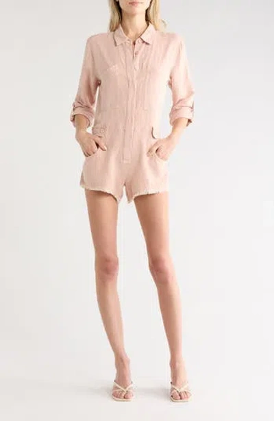 Young Fabulous & Broke Young, Fabulous & Broke River Long Sleeve Raw Edge Linen Blend Romper In Pink