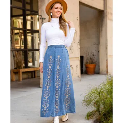 Young Threads A-line High Waist Hand Embroidery Denim Western Skirt In Blue