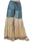 Young Threads Denim & Lace Patchwork Boho Wide Leg Pants In Blue/latte In Blue