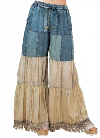 Young Threads Denim & Lace Patchwork Boho Wide Leg Pants In Blue/latte