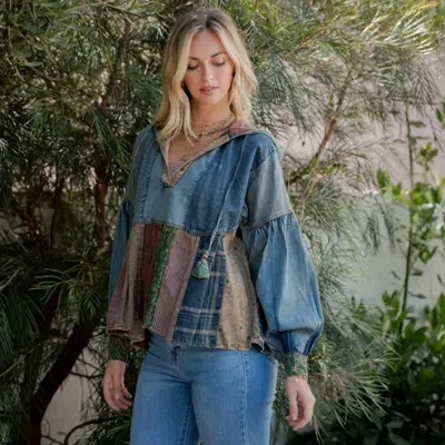 Young Threads Denim Hoodie With Eclectic Plaid Fusion In Blue