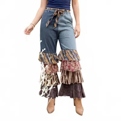 Young Threads Denim Patchwork Ruffle Flare Pants With Belt In Sand In Blue