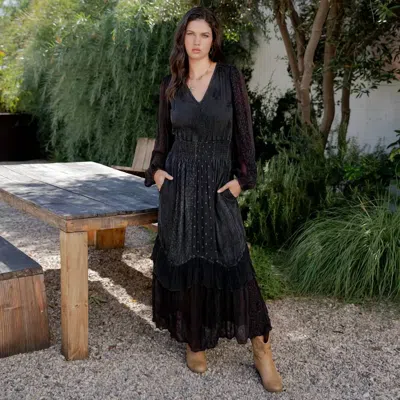 Young Threads Embroidered Ruffle Maxi Smocked Dress With Sheer Sleeves In Black
