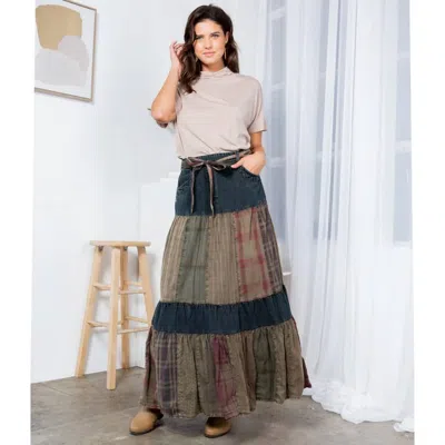 Young Threads Long Denim Patchwork Skirt In Blue In Multi